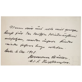 Reichskanzler Hermann M&uuml;ller (1876 - 1931) - Karte mit eigenh&auml;ndiger Unterschrift