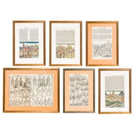 Six leaves from the"Liber chronicarum" (Nuremberg Chronicle), Nuremberg, Anton Koberger, 1493, woodcuts, partly hand-coloured