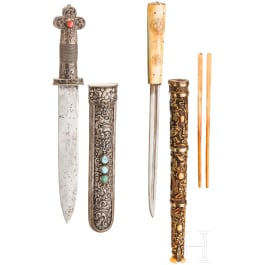 A Tibetan/Chinese dughti and bone cutlery set, 20th century
