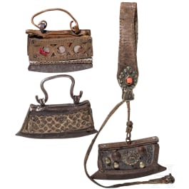 Three Tibetan bags with fire strikers, 19th century