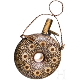 A ring-shaped powder flask with bone inserts, Bohemian/Silesian, mid-17th century