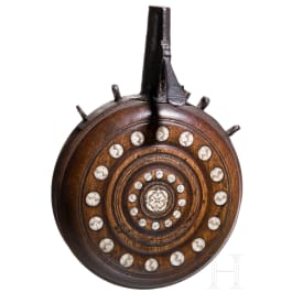 A round powder flask with bone inserts, Bohemian/Silesian, mid-17th century