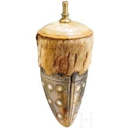 A Bohemian silver inlaid horn powder flask, ca. 1700