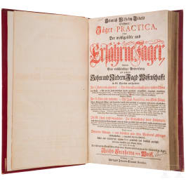 Erstausgabe von &bdquo;Er&ouml;ffnete J&auml;ger-Practica, oder der wohlge&uuml;bte und erfahrne J&auml;ger", Heinrich Wilhelm D&ouml;bel, Leipzig, Johann Samuel Heinsius, 1746