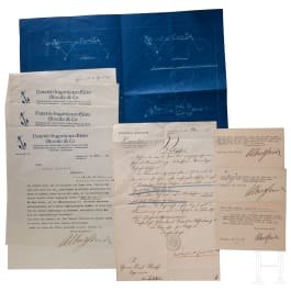 Technische Zeichnung und Korrespondenz zum versuchten Patentverfahren um ein flugf&auml;higes Fahrrad, deutsch 1897-1913