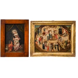Zwei religi&ouml;se Darstellungen auf Kupfer: Allegorie des Schiffes der Kirche (Navis Ecclesiae) und Maria mit Kind und dem Johannesknaben