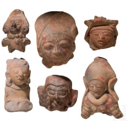 Sechs pr&auml;kolumbische Tonk&ouml;pfe, Ekuador, wohl 1000 - 1500 n. Chr.