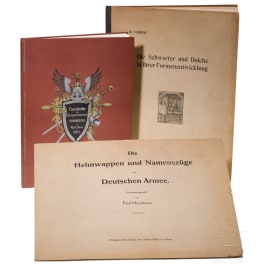 Two books on edged weapons and one on helmet crests