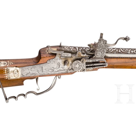 A southern German wheellock rifle with bone veneer, 17th century, with replacements from the Historismus period