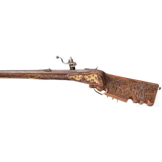 A German wheellock rifle, 20th century, using an original lock and barrel