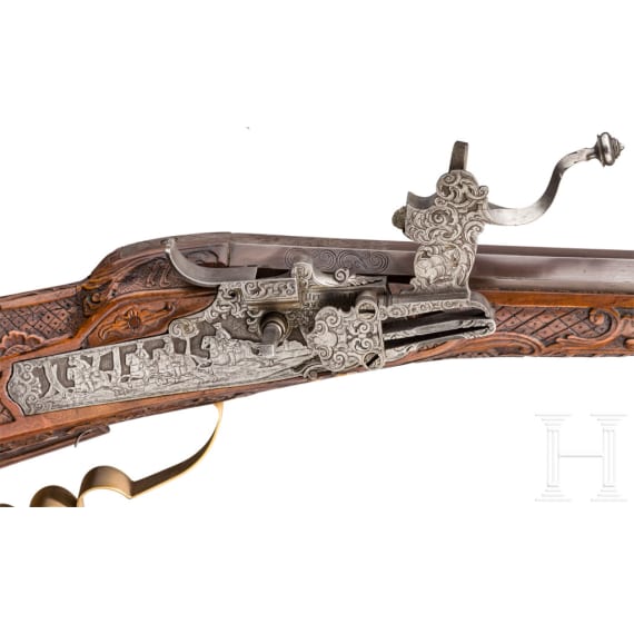 A German wheellock rifle, 20th century, using an original lock and barrel