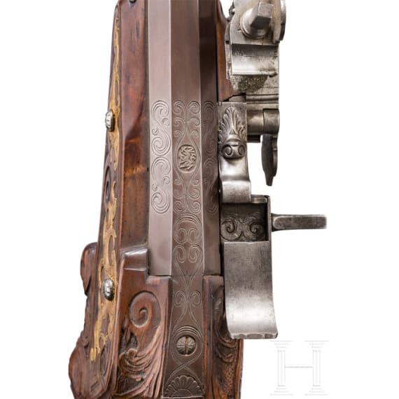 A German wheellock rifle, 20th century, using an original lock and barrel