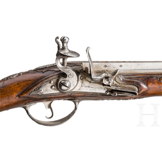 Geschnittenes Steinschloss-Tromblon mit Klappkolben, Gio M. Logia, Barcelona, um 1760