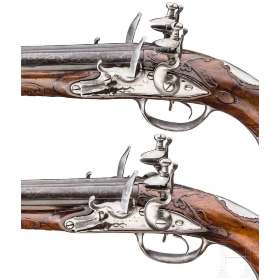 A pair of double-barrelled flintlock pistols, Johann Andreas Kuchenreuter, Regensburg, circa 1760