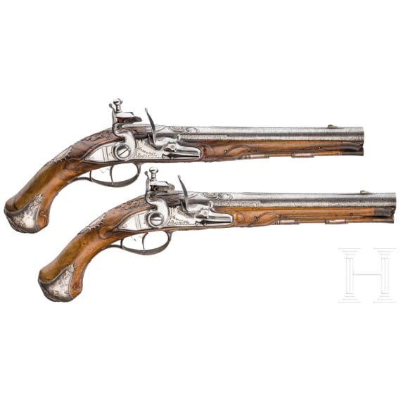 A pair of silver-mounted flintlock pistols, Albrecht, Bayreuth, circa 1760
