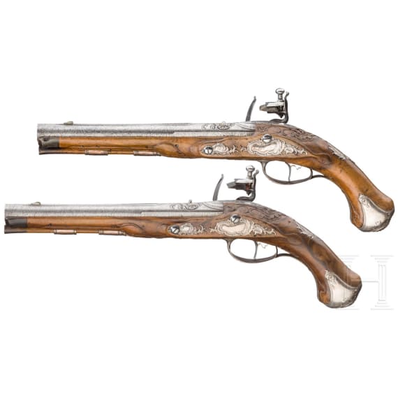 A pair of silver-mounted flintlock pistols, Albrecht, Bayreuth, circa 1760