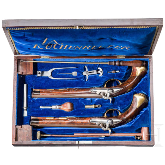 Ein Paar Perkussionspistolen im Kasten, Johann Andreas Kuchenreuter, Steinweg bei Regensburg, um 1780