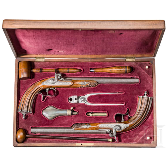 Ein Paar Perkussionspistolen im Kasten, Lepage in Paris, um 1840