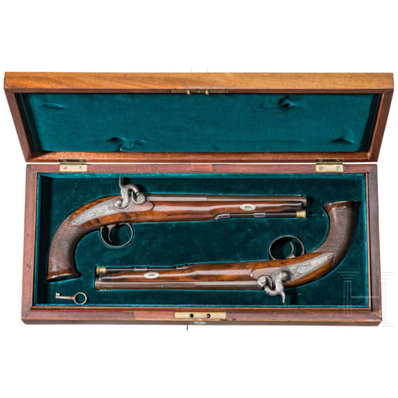 Ein Paar Perkussionspistolen im Kasten, England/USA, um 1840