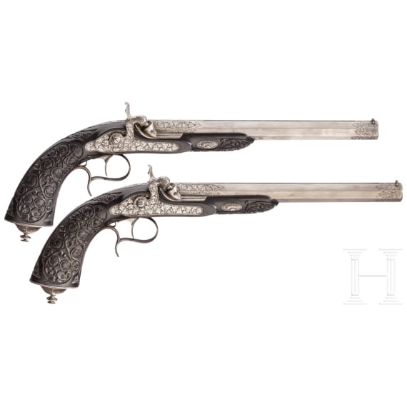 A pair of cased percussion pistols, C. Lepage, Li&egrave;ge, circa 1850