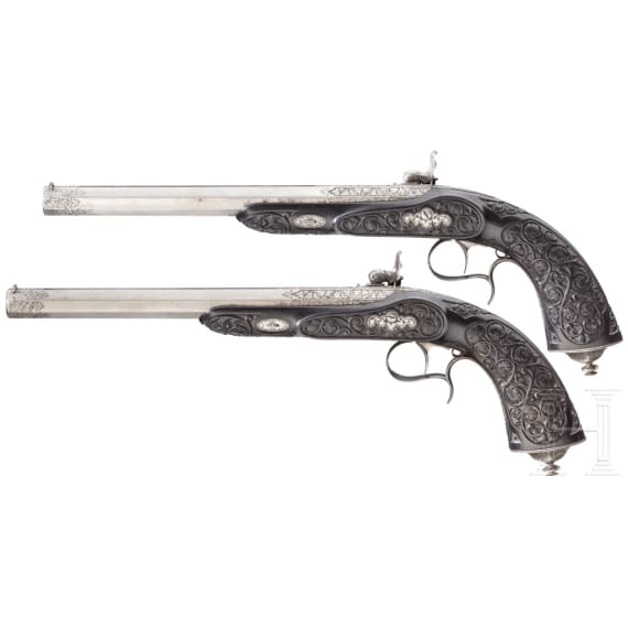 A pair of cased percussion pistols, C. Lepage, Li&egrave;ge, circa 1850
