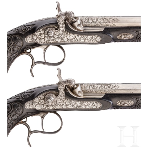 A pair of cased percussion pistols, C. Lepage, Li&egrave;ge, circa 1850