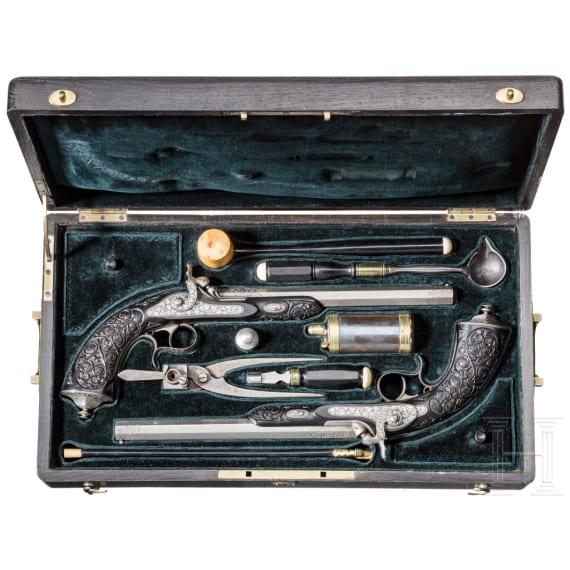 A pair of cased percussion pistols, C. Lepage, Li&egrave;ge, circa 1850