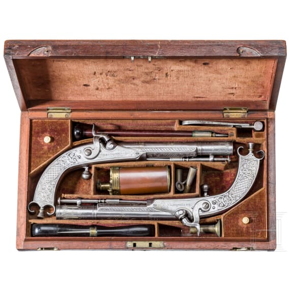 Ein Paar Perkussionspistolen im schottischen Stil im Kasten, D. & J. Fraser, Edinburgh, um 1880