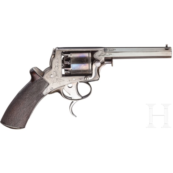 Perkussionsrevolver Tranter 2. Modell mit Doppelabzug, im Kasten, um 1855