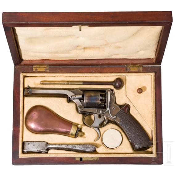 Perkussionsrevolver Tranter 2. Modell mit Doppelabzug, im Kasten, um 1855