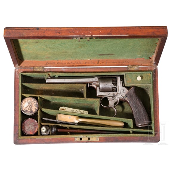 Perkussionsrevolver im Kasten, System Tranter Adams Double Trigger