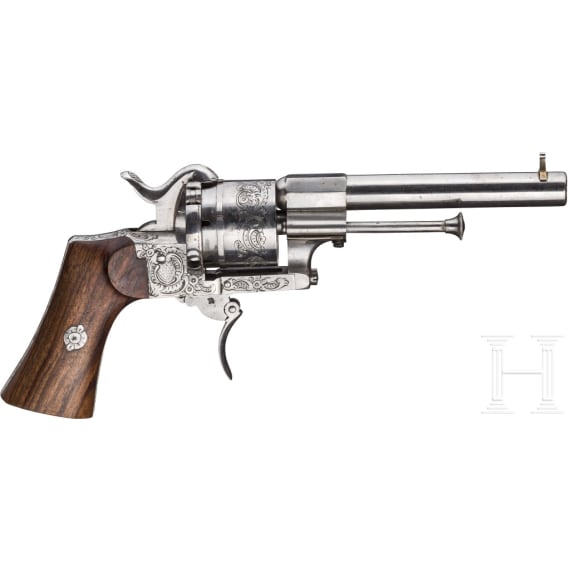 Zwei sechs- und achzehnsch&uuml;ssige Lefaucheux-Revolver im Kasten, Belgien, um 1860