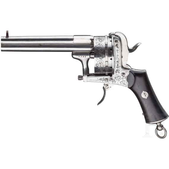 Zwei sechs- und achzehnsch&uuml;ssige Lefaucheux-Revolver im Kasten, Belgien, um 1860