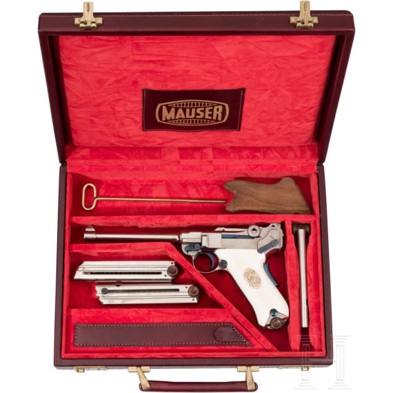 A cased Mauser Parabellum Marine with ivory grip panels