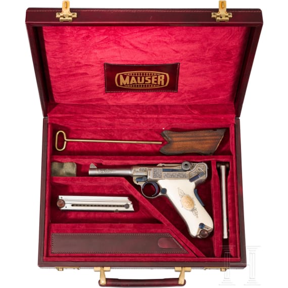 A Mauser Parabellum 06/73 engraved with English arabesques, in case with accessories