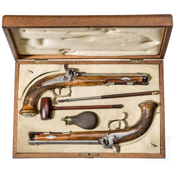 Ein Paar Perkussionspistolen im Kasten, Christoph Funk, Suhl, um 1840