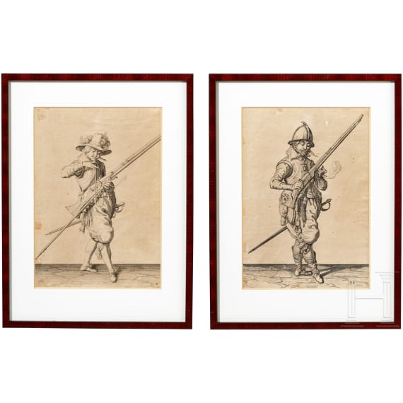A pair of copper engravings with depiction of musketeers, after Jakob de Gheyn