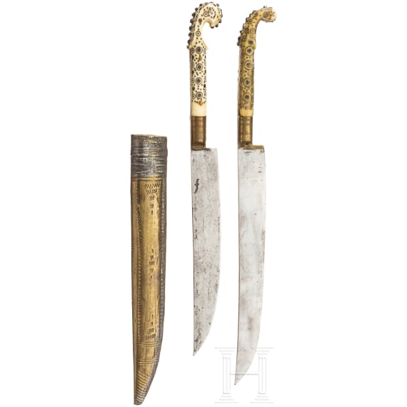 Two Bosnian knives with bone-inlaid grips, late 19th century