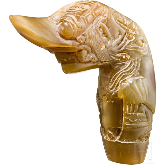 Seltener Krisgriff aus gr&uuml;nlichem Horn (Rajamala Dursasana), Java, Tegal, 20. Jhdt.