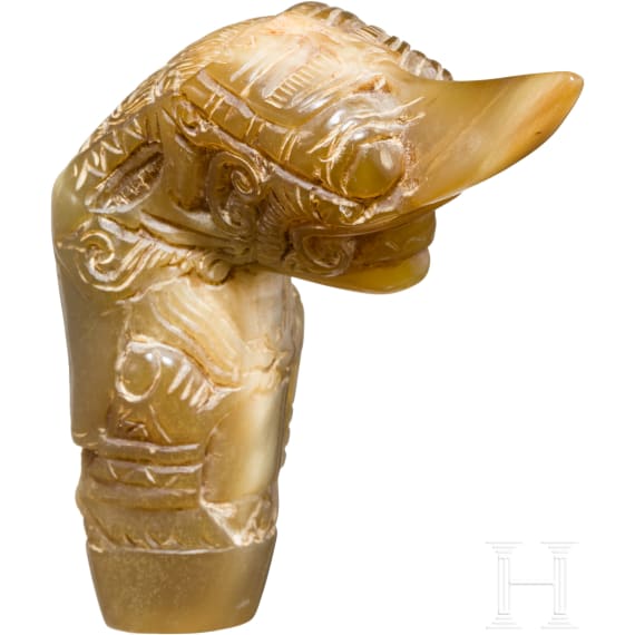 Seltener Krisgriff aus gr&uuml;nlichem Horn (Rajamala Dursasana), Java, Tegal, 20. Jhdt.