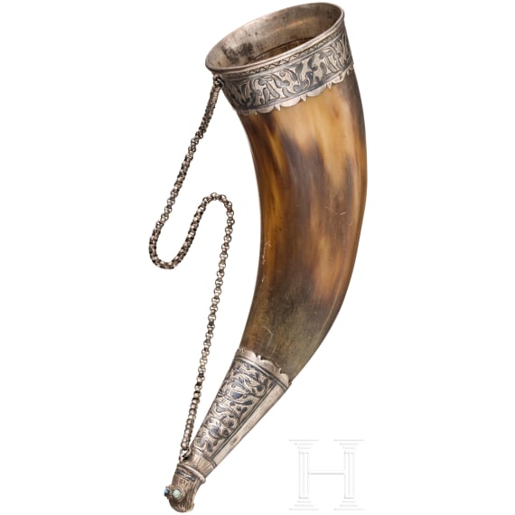 A small, silver mounted and nielloed drinking horn, Caucasus, around 1900