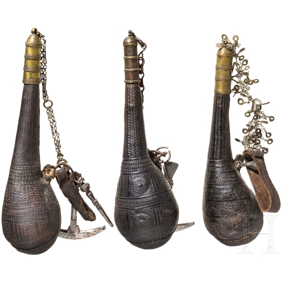 Three Afghan powder flasks, 19th century