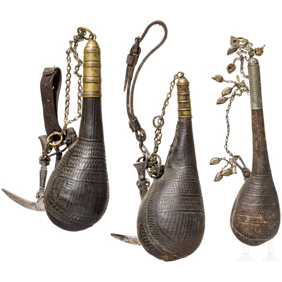 Three Afghan powder flasks, 19th century