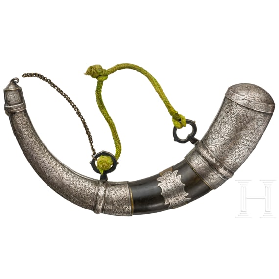 An Moroccan silver-mounted powder horn with hangers, 19th century