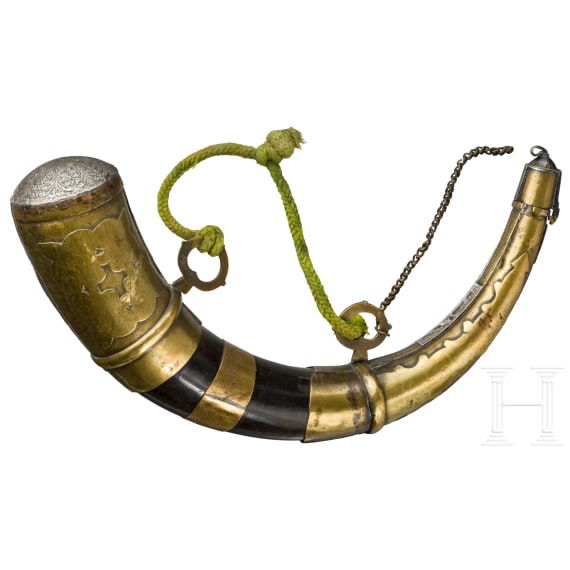 An Moroccan silver-mounted powder horn with hangers, 19th century
