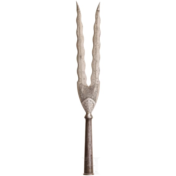 A Persian etched fork lance, 19th century