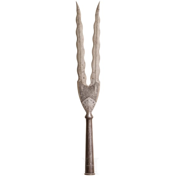 A Persian etched fork lance, 19th century