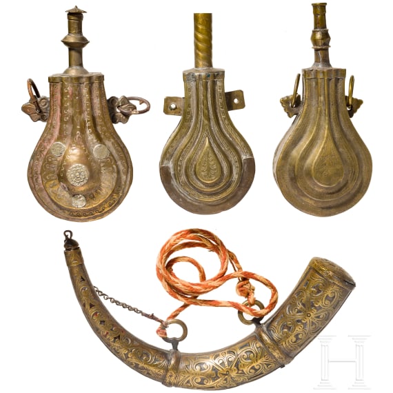 Three powder flasks and a powder horn, Morocco, circa 1900
