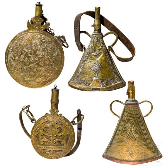Four Moroccan powder flasks, 19th and 20th century