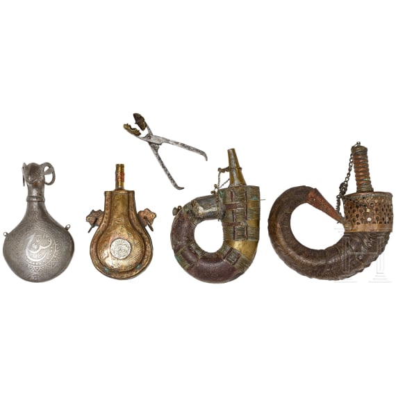 Four powder flasks from North Africa and India, 19th century